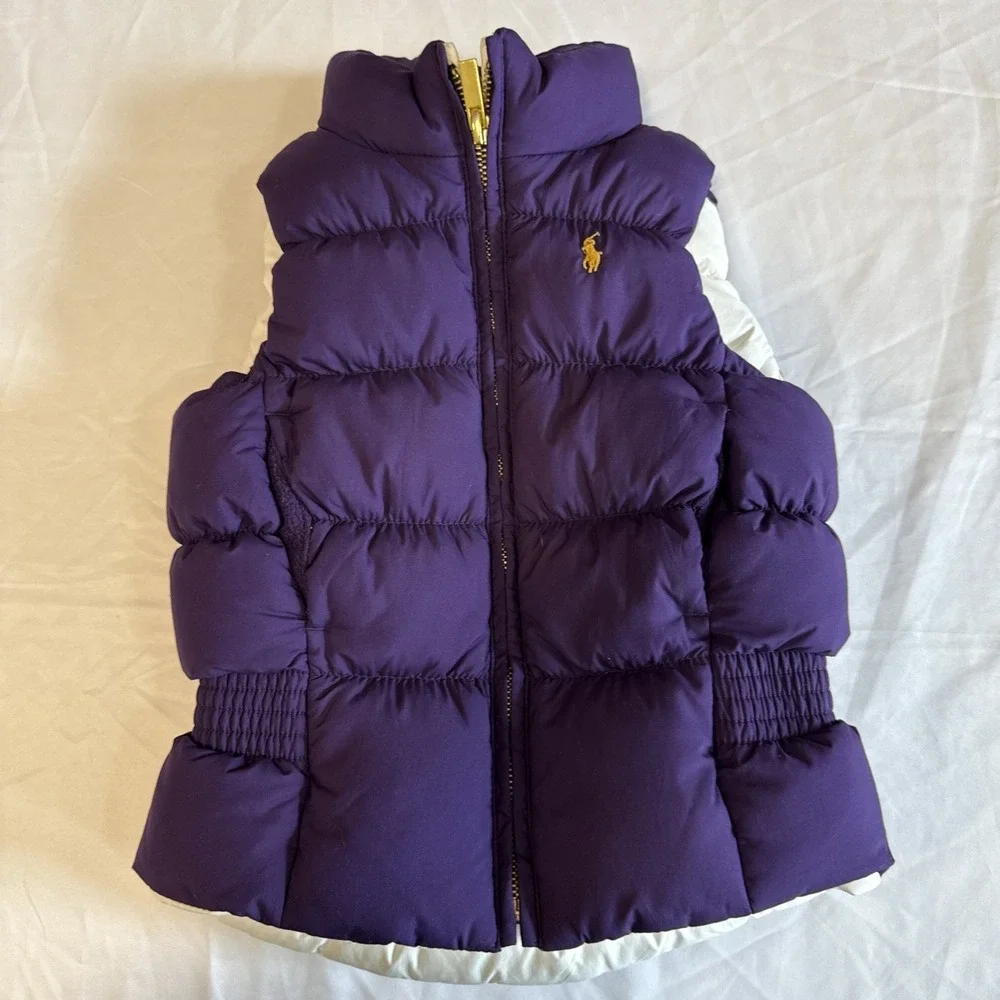 Ralph Lauren Toddler Girl Reversible Puffer Vest Sz 3T Purple Off White DuckDown